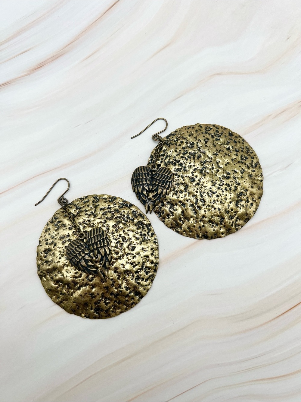 Antique Style Gold Toned Disc Earrings with Angel Wing Accent - Women Jewelry